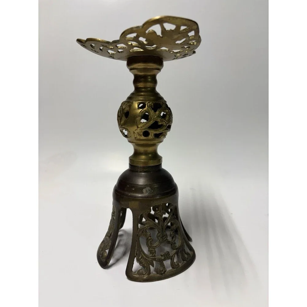 Vintage Japanese Brass Shokudai Candle Holder Ornate Pierced Figural